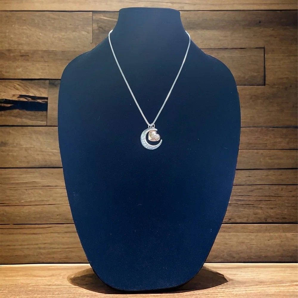 I Love You to the Moon and Back “Mom” Silver and Gold Moon/Heart charm necklace - Picture 9 of 11